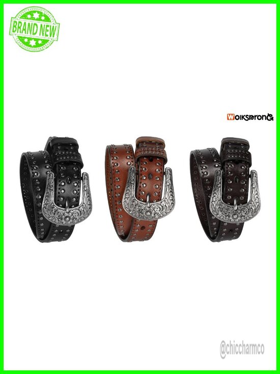 Western Leather Belt - Studded Vintage Silver Buckle for Jeans & Boho